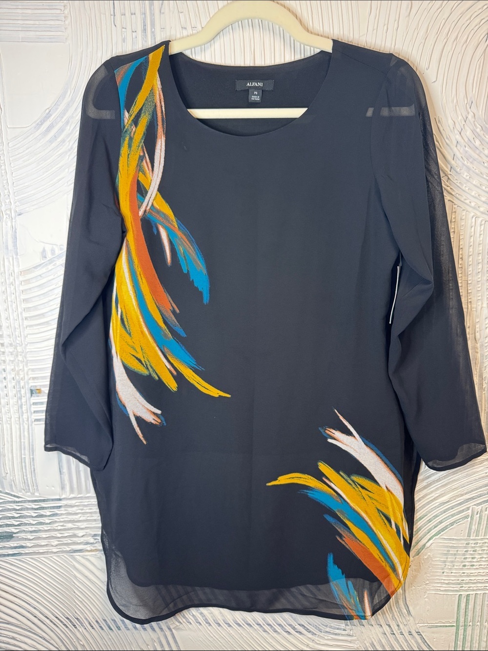 Alfani Black Tunic with Yellow & Blue Brushstroke Accents N0680